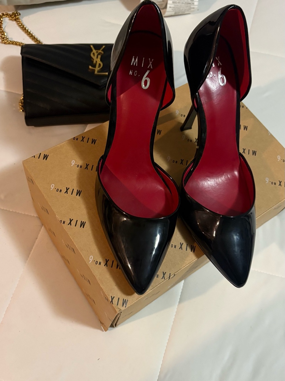 Mix No. 6 Black Patent Pointed Toe Stiletto Heels with Red Insole